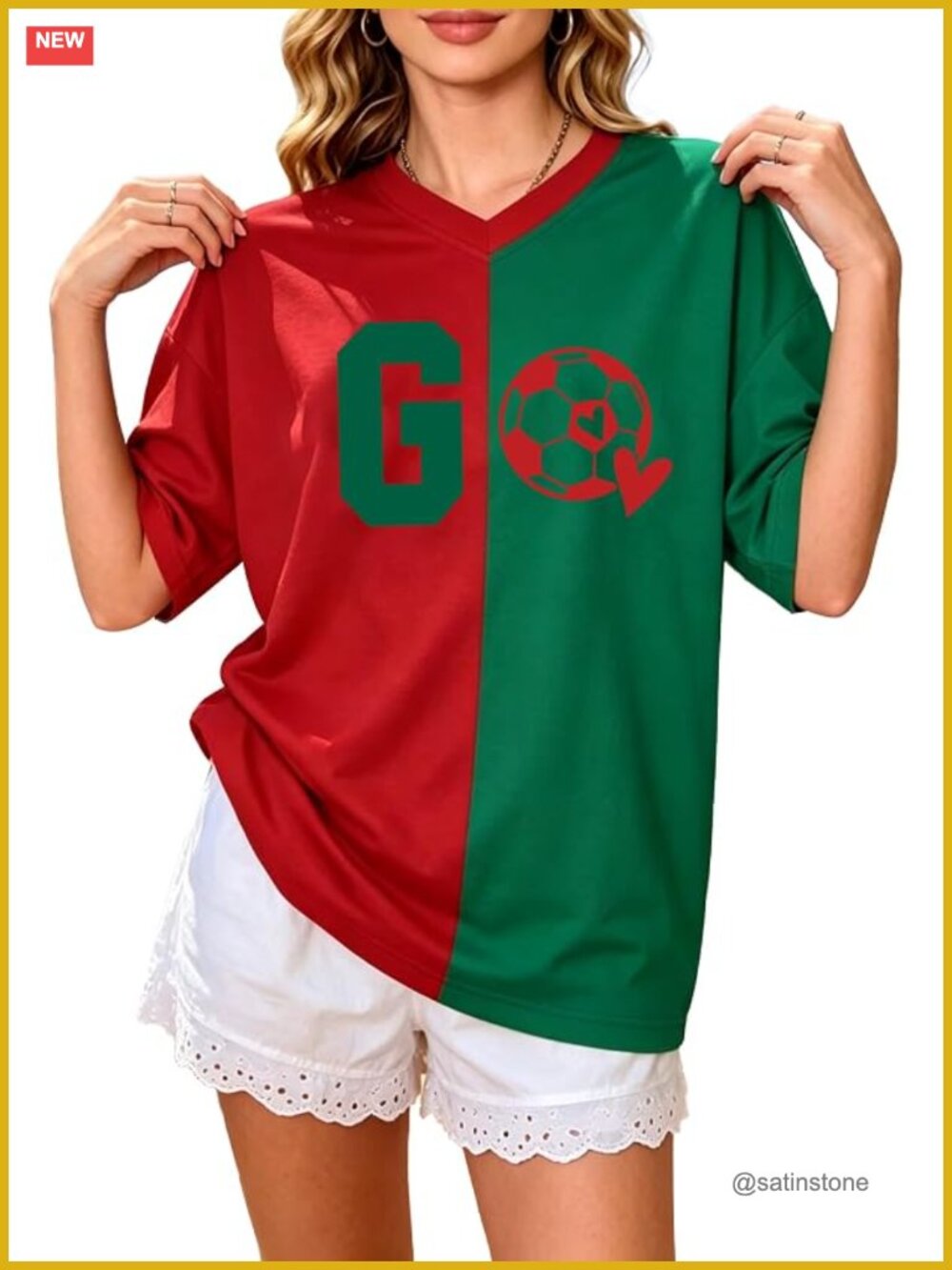 Womens Soccer Cup Shirt V-Neck Football Graphic Tee Oversized Game Day Top